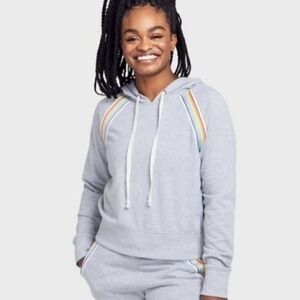 Soul Cycle Rainbow Stripe Heather Gray Long Sleeve Pullover Hoodie XS NWT